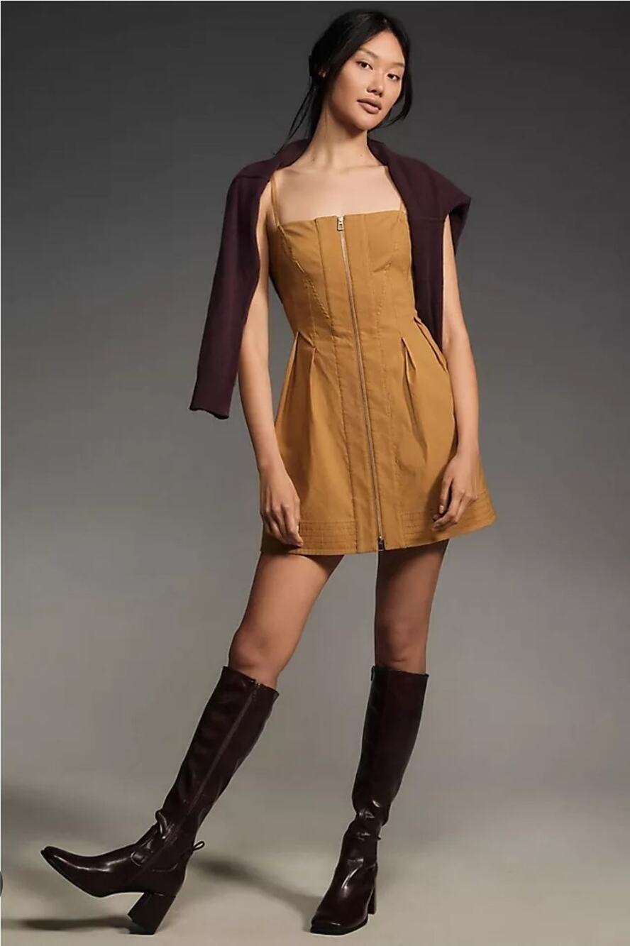 Anthropologie Maeve Structured Zip Front Brown Linen Blend Mini Dress Medium